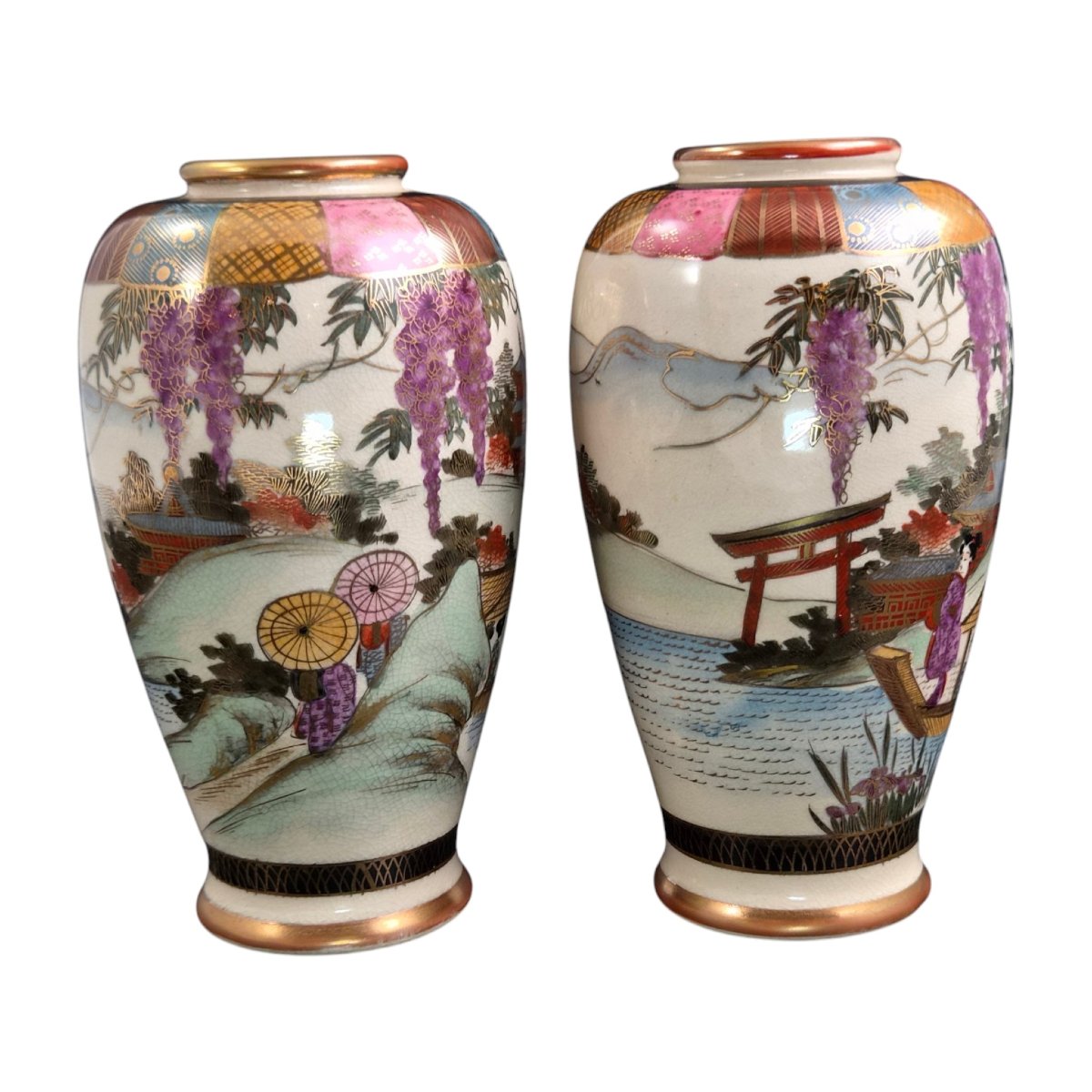 Pair Of Japanese Satsuma Vases, Featuring Wisteria And A Landscape, In Their Original Box, Circa 1910–1920-photo-1