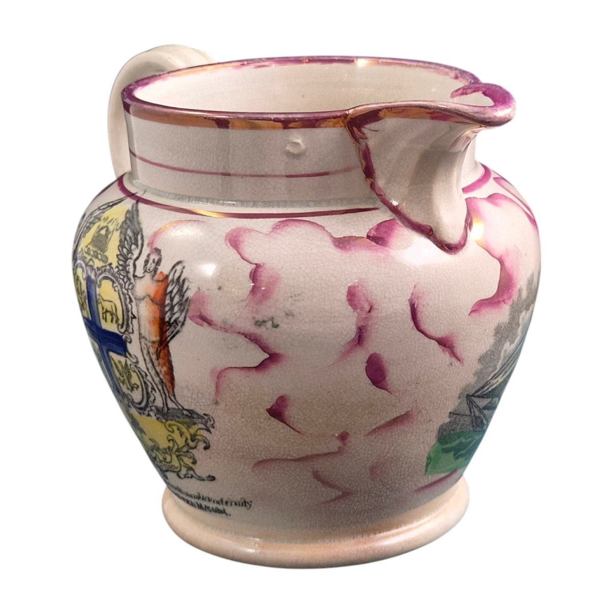 Sunderland Garrison Pottery Masonic Pitcher With Pink Glaze, C. 1855-photo-2