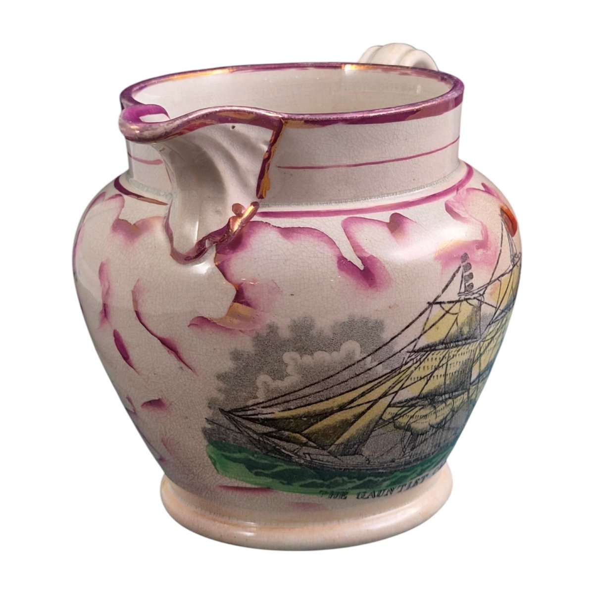 Sunderland Garrison Pottery Masonic Pitcher With Pink Glaze, C. 1855-photo-3
