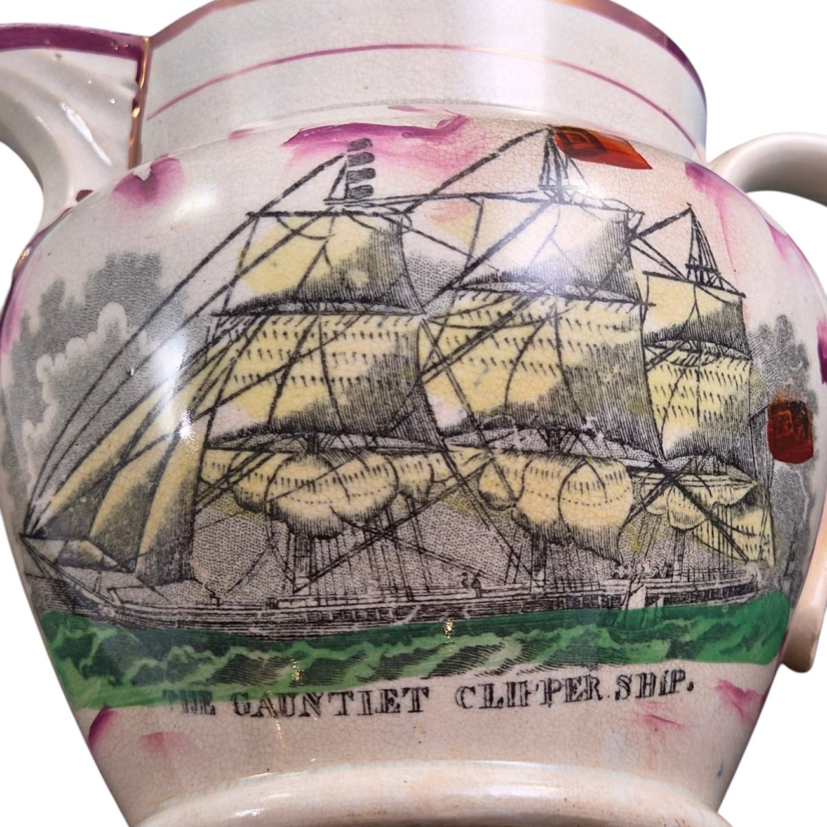 Sunderland Garrison Pottery Masonic Pitcher With Pink Glaze, C. 1855-photo-2
