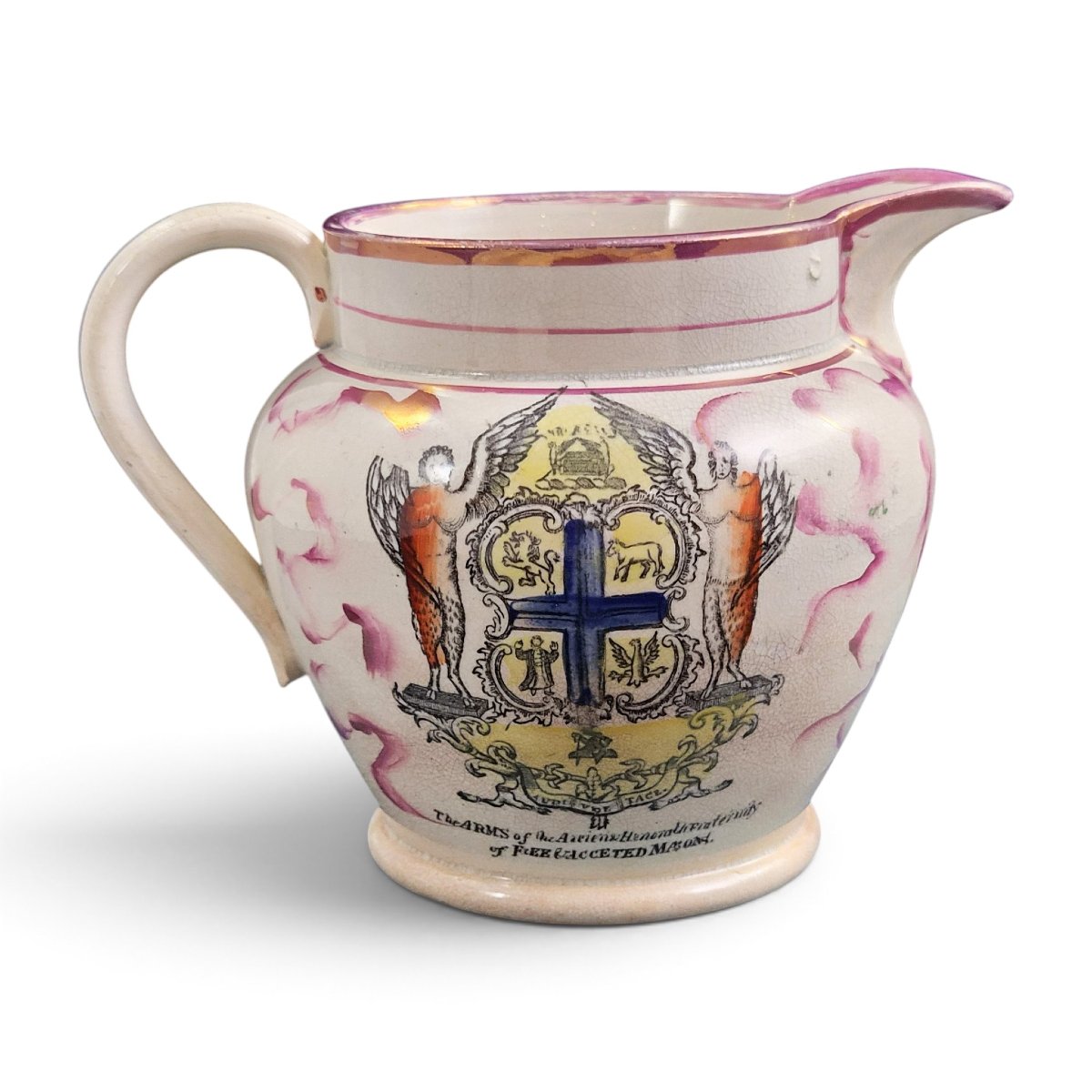 Sunderland Garrison Pottery Masonic Pitcher With Pink Glaze, C. 1855