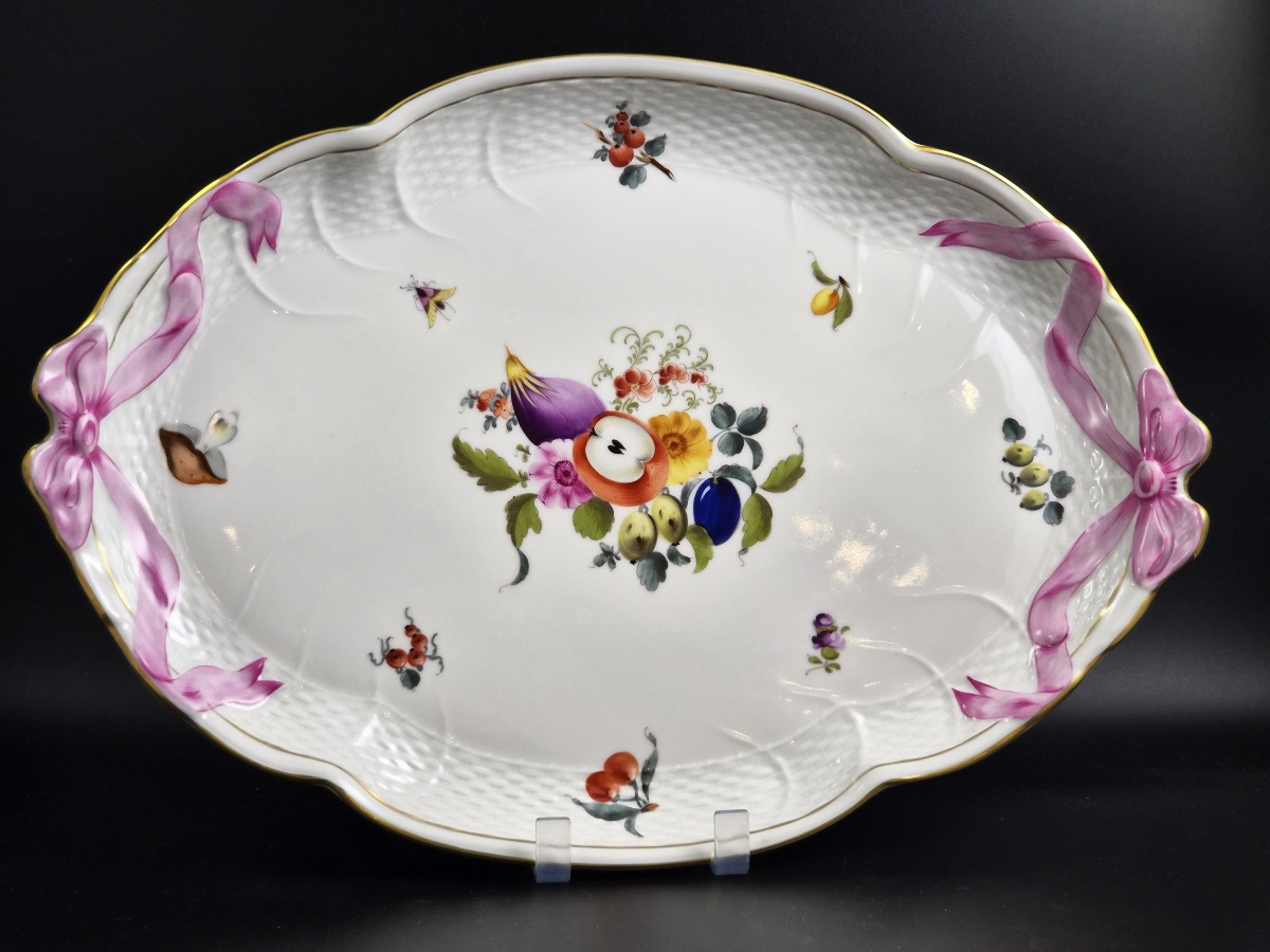Antique Herend Fruit Bouquet Porcelain Ribbon Tray, C.1915–1930