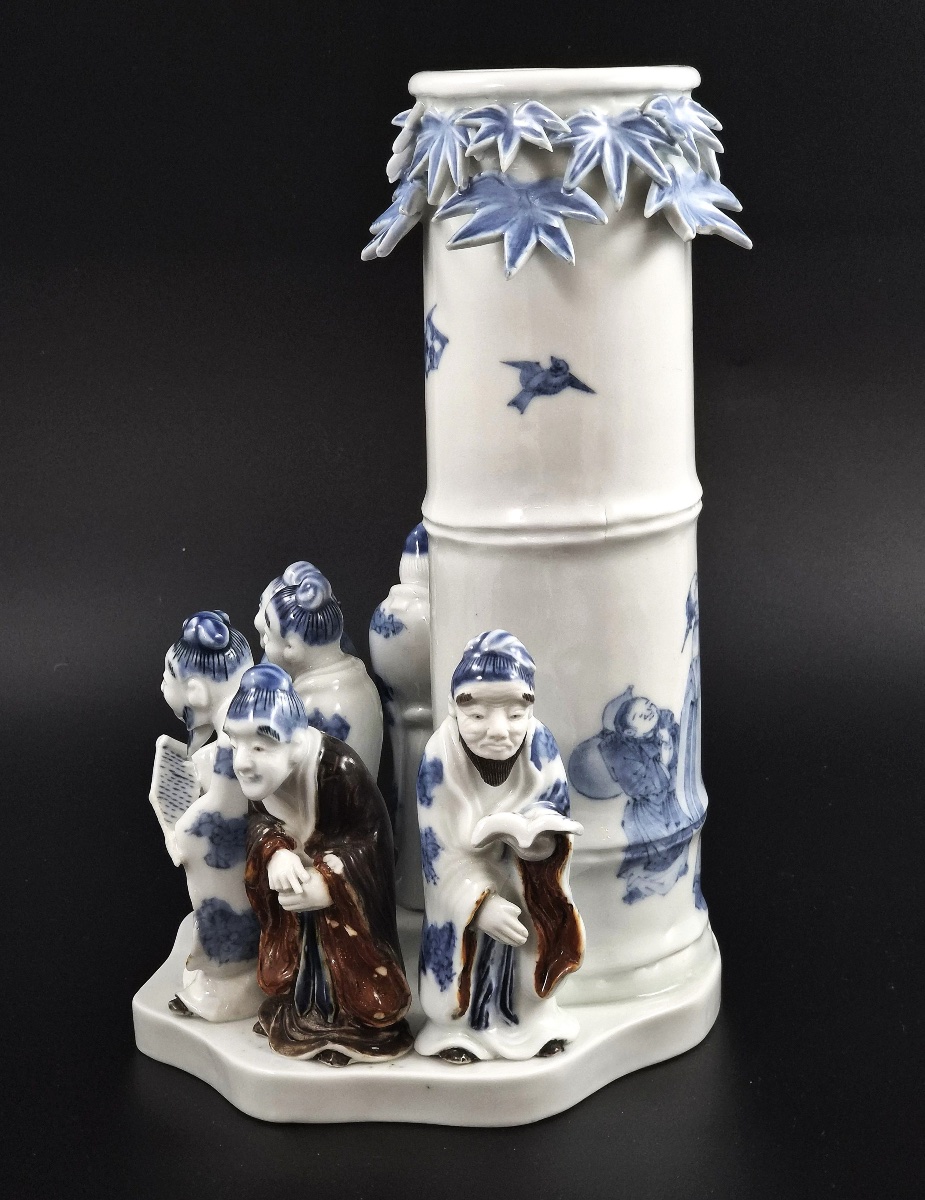 Rare Japanese Hirado Seven Sages Bamboo Vase, Mikawachi, Edo Period C.1800-photo-2