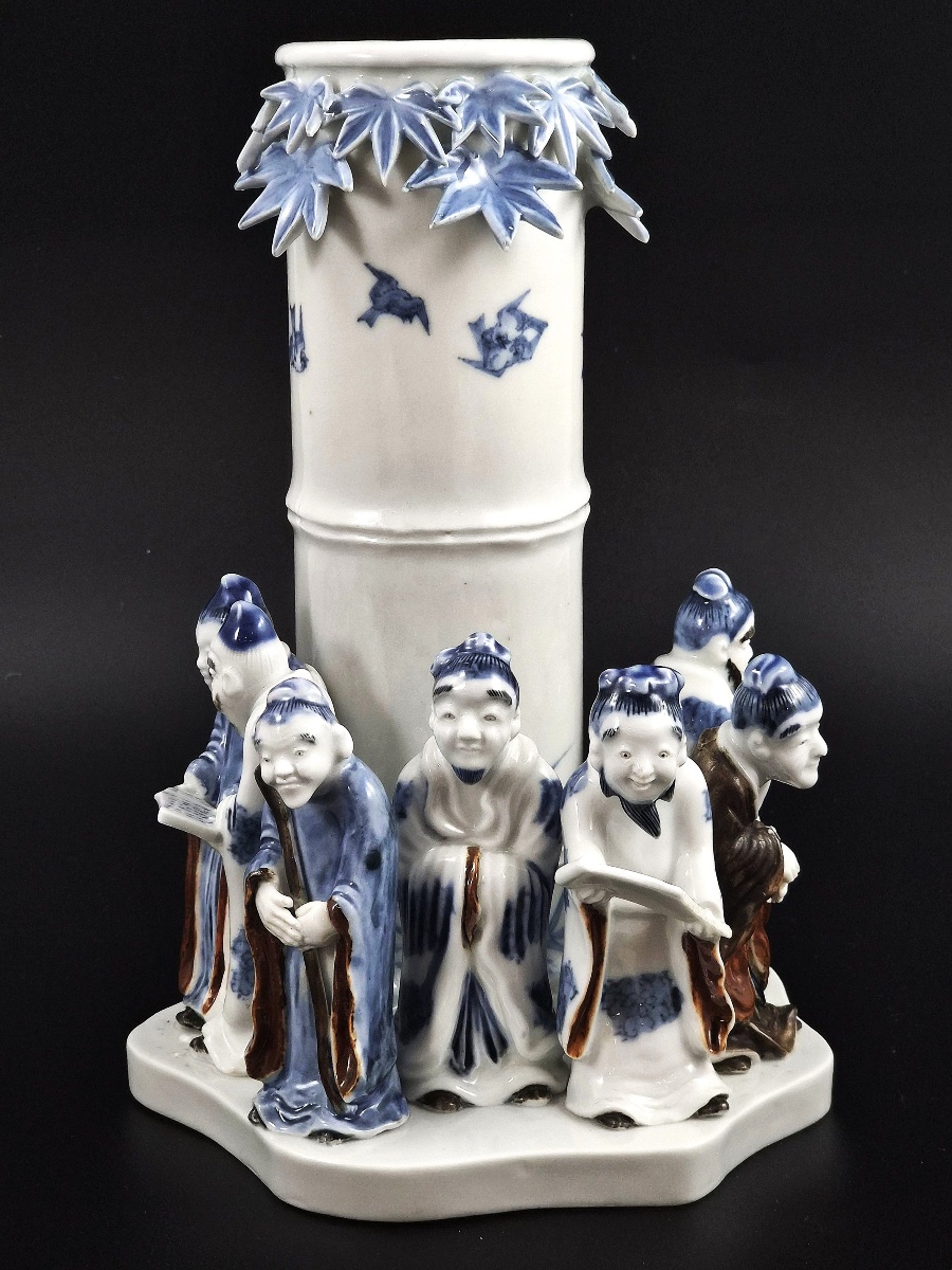 Rare Japanese Hirado Seven Sages Bamboo Vase, Mikawachi, Edo Period C.1800