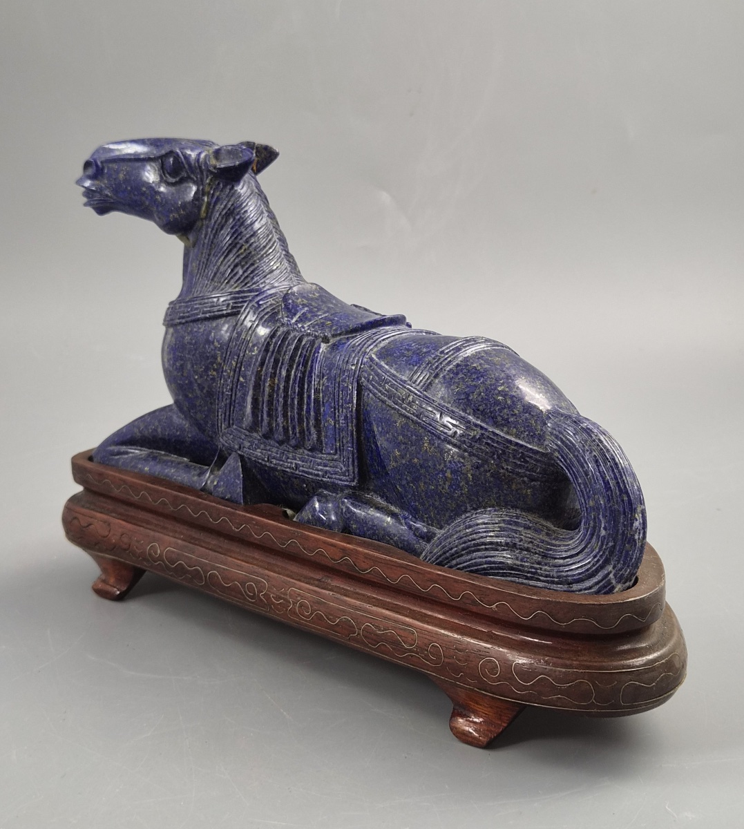 Large Pair Chinese Lapis Lazuli Recumbent Horses On Silver Inlaid Stands, Late Qing-photo-2