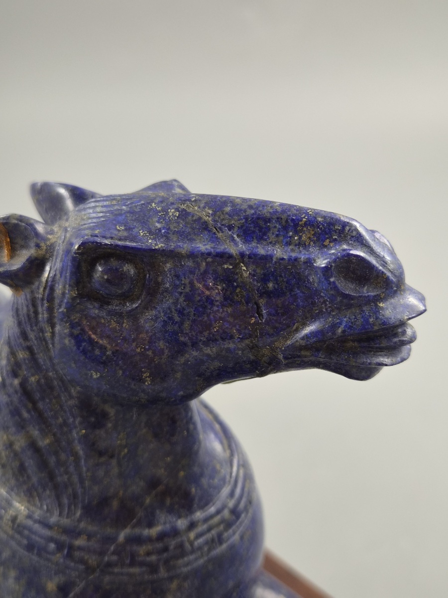 Large Pair Chinese Lapis Lazuli Recumbent Horses On Silver Inlaid Stands, Late Qing-photo-2