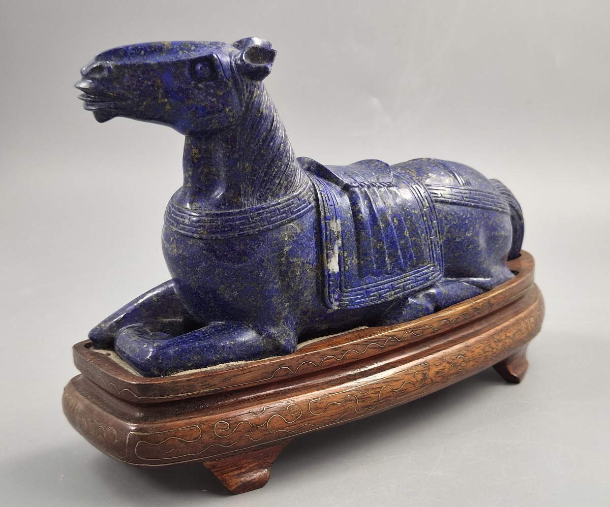 Large Pair Chinese Lapis Lazuli Recumbent Horses On Silver Inlaid Stands, Late Qing-photo-3