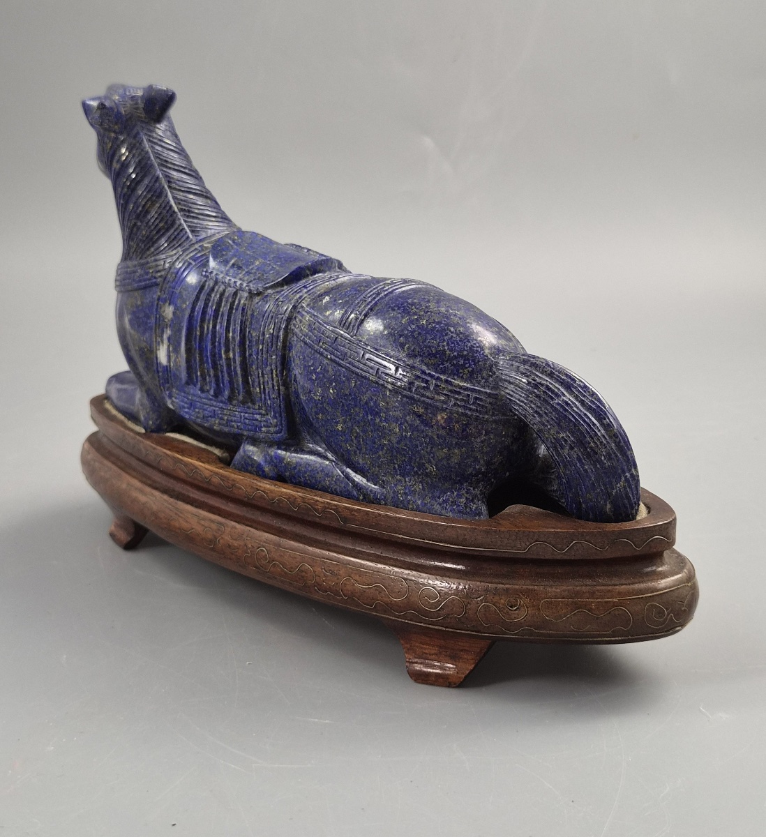 Large Pair Chinese Lapis Lazuli Recumbent Horses On Silver Inlaid Stands, Late Qing-photo-4