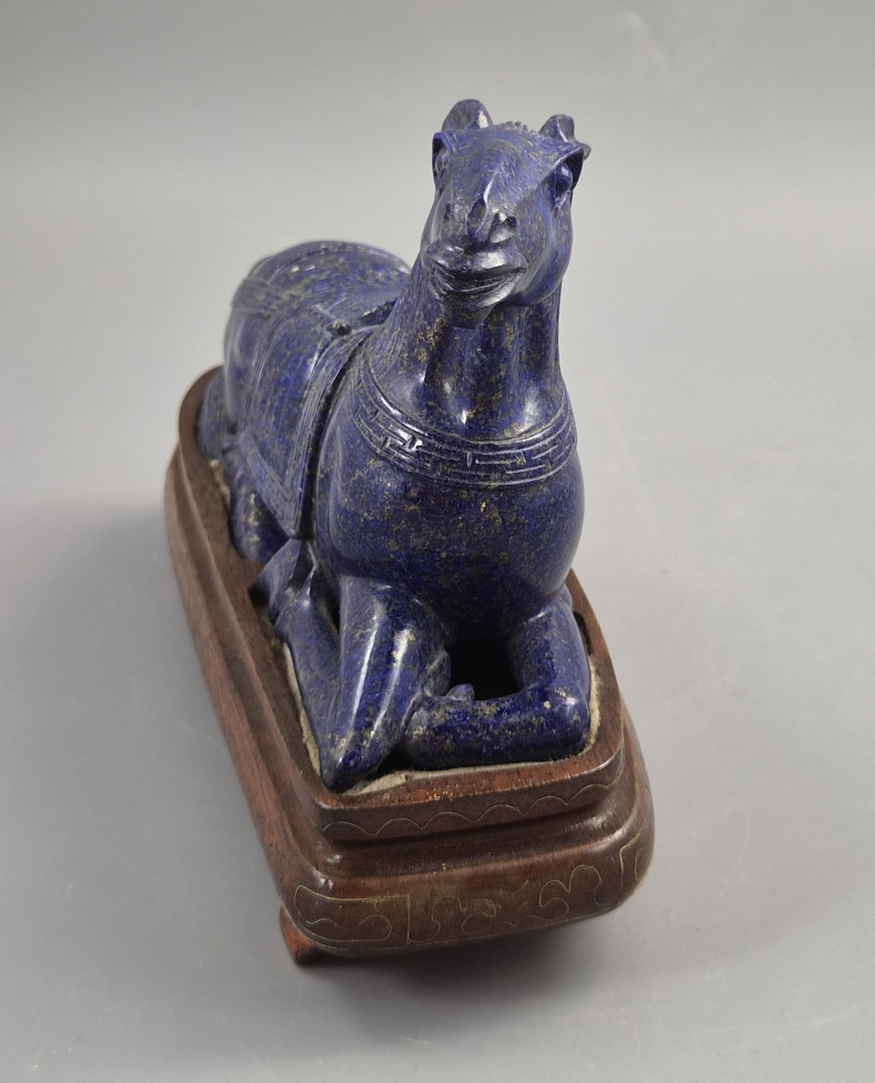 Large Pair Chinese Lapis Lazuli Recumbent Horses On Silver Inlaid Stands, Late Qing-photo-5