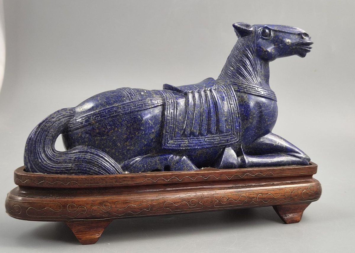 Large Pair Chinese Lapis Lazuli Recumbent Horses On Silver Inlaid Stands, Late Qing-photo-6