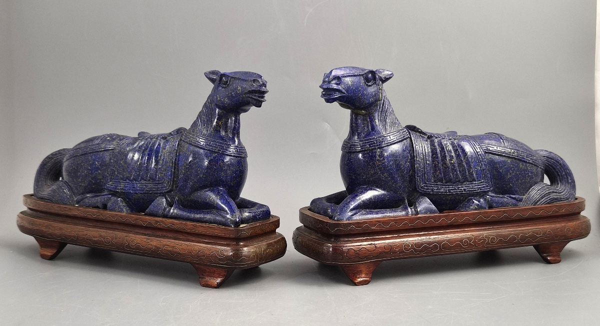 Large Pair Chinese Lapis Lazuli Recumbent Horses On Silver Inlaid Stands, Late Qing