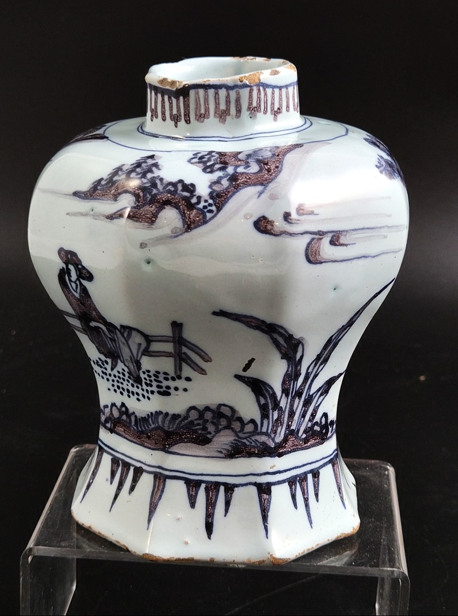 Antique Dutch Delft Blue And Manganese Octagonal Baluster Vase, Chinese Scholar, C.1680-photo-2