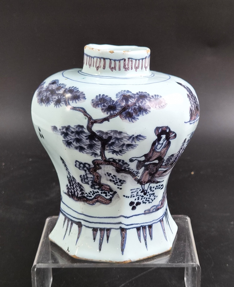 Antique Dutch Delft Blue And Manganese Octagonal Baluster Vase, Chinese Scholar, C.1680-photo-1
