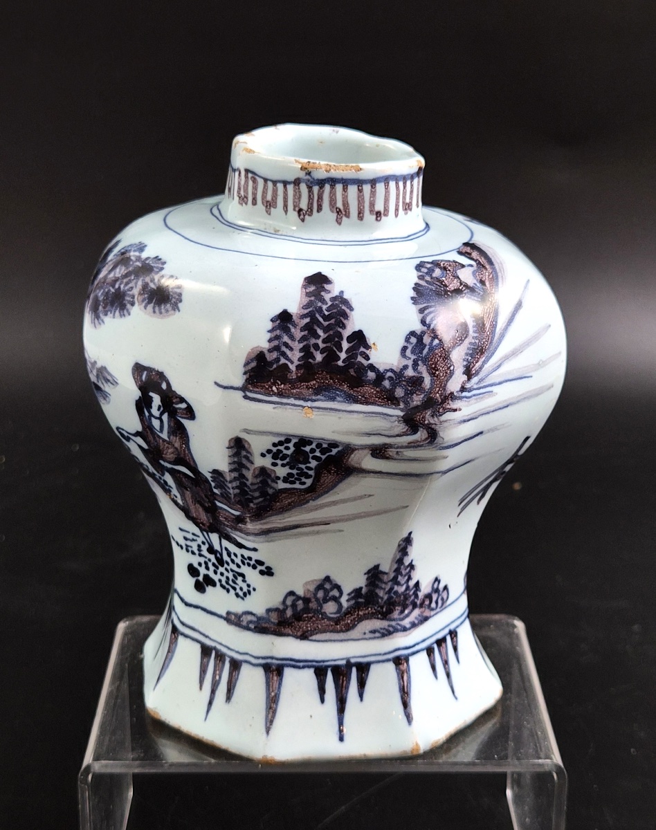 Antique Dutch Delft Blue And Manganese Octagonal Baluster Vase, Chinese Scholar, C.1680-photo-2