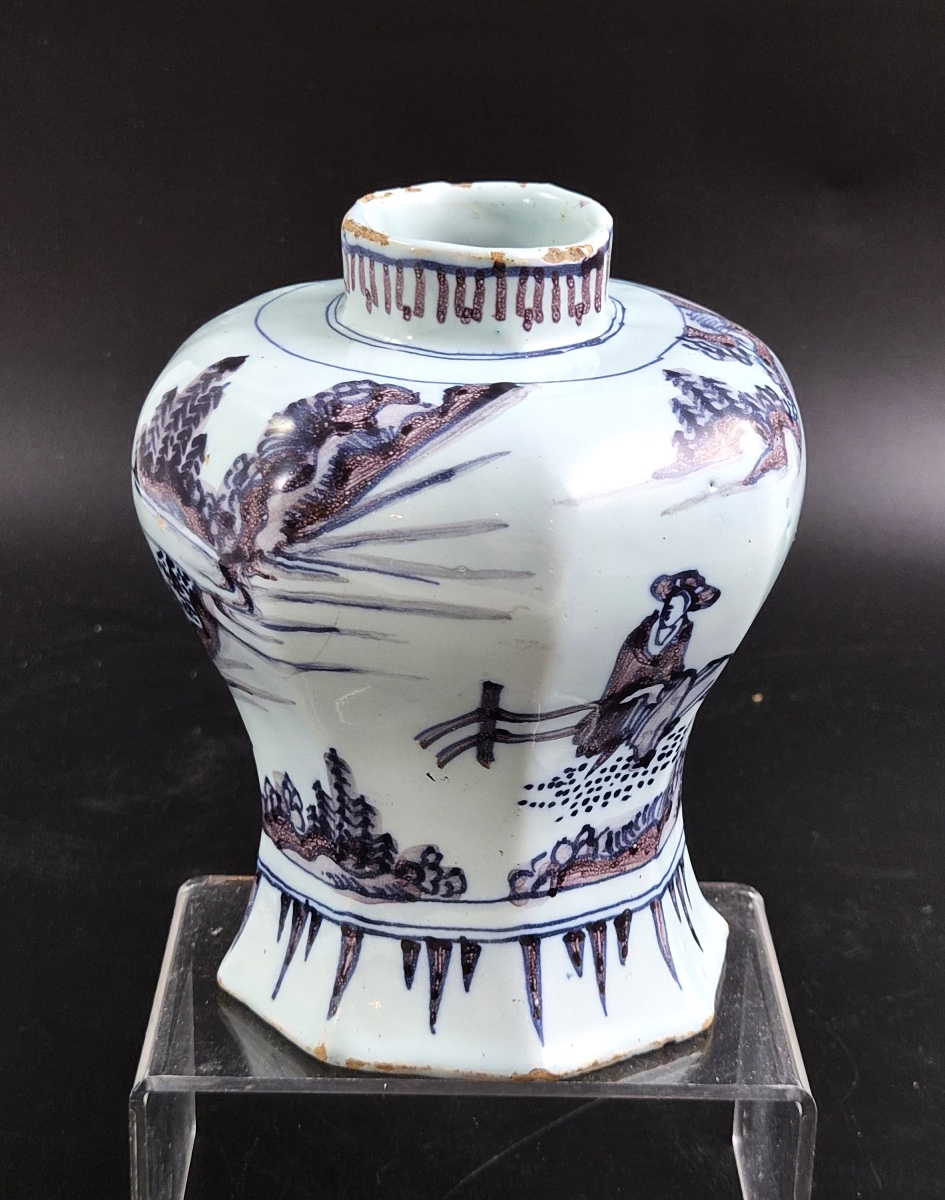 Antique Dutch Delft Blue And Manganese Octagonal Baluster Vase, Chinese Scholar, C.1680-photo-3