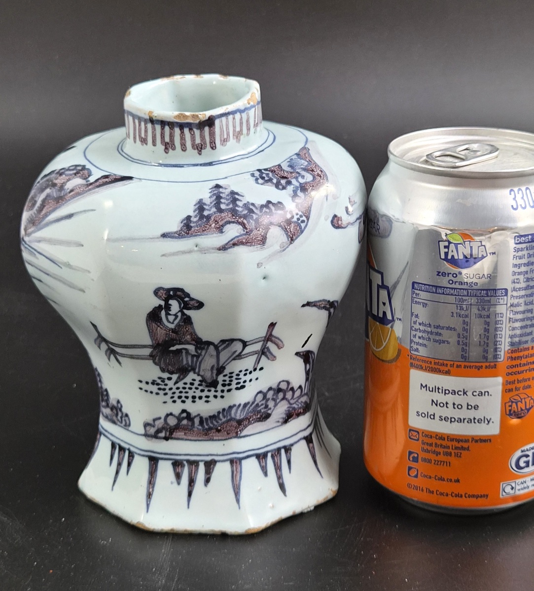 Antique Dutch Delft Blue And Manganese Octagonal Baluster Vase, Chinese Scholar, C.1680-photo-6