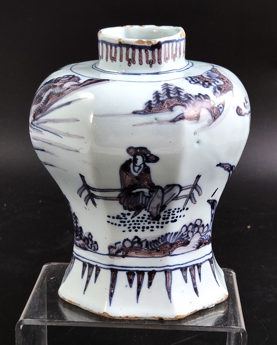 Antique Dutch Delft Blue And Manganese Octagonal Baluster Vase, Chinese Scholar, C.1680