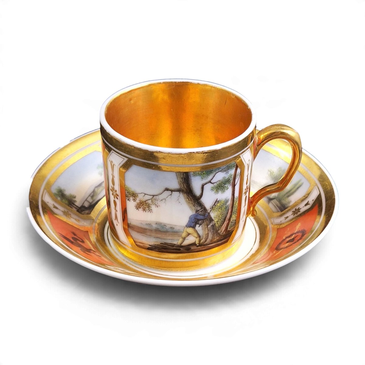 "vieux Paris" Porcelain Cup And Saucer, Landscapes And Military Trophies, Circa 1820