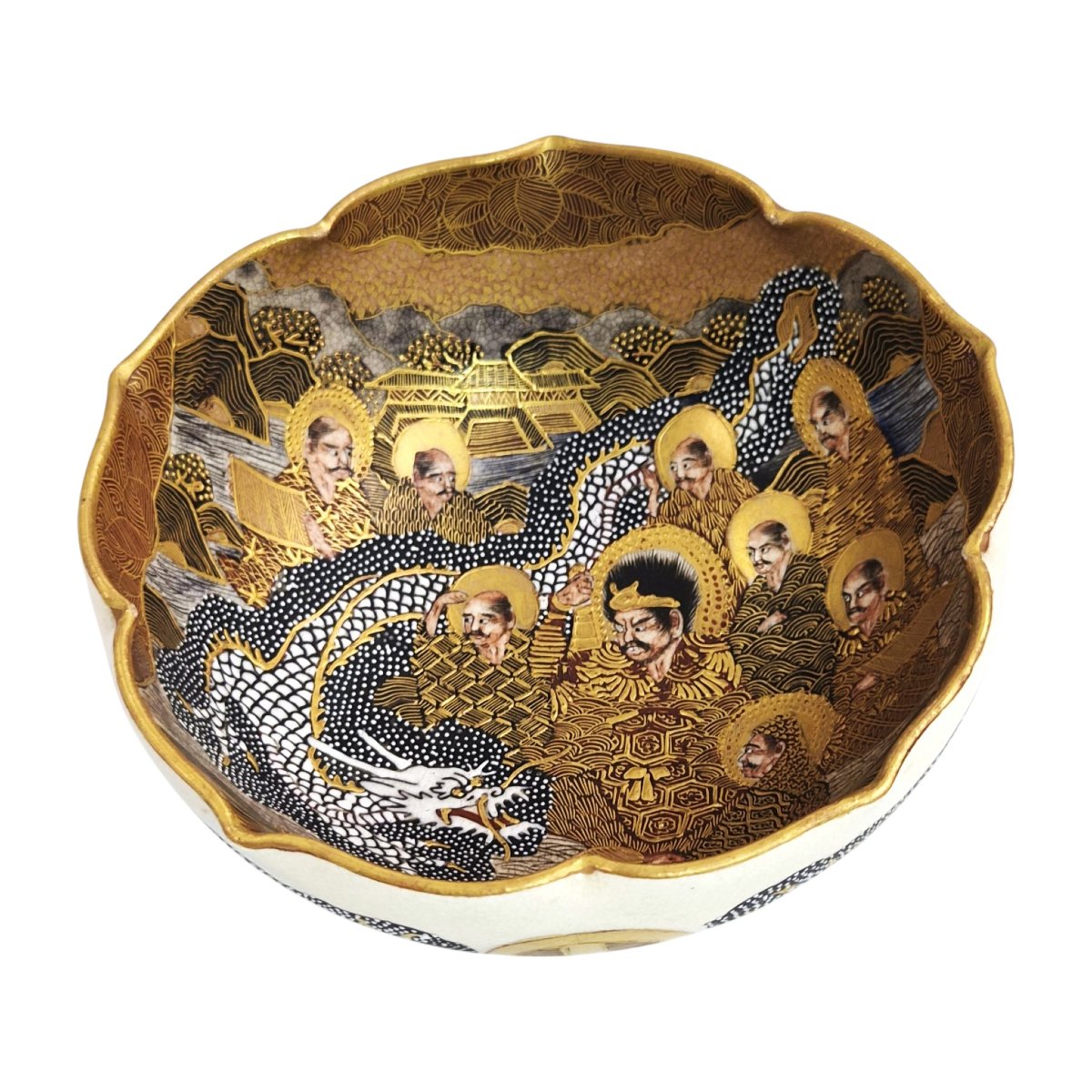 Hododa, Satsuma Cup Signed "taizan," Featuring Rakan And Dragons, Japan, Circa 1900-photo-3