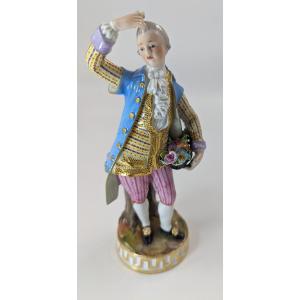 Antique Meissen Porcelain Statuette "man With A Bouquet Of Flowers" C. 1850
