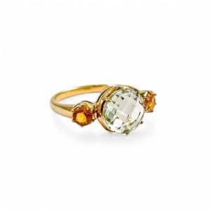 Bague en or jaune 9 ct à trois pierres prasiolite et citrine, améthyste verte, 54 mm