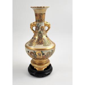 Satsuma Porcelain Vase, Elephant Handles, Shimazu Emblem, Japan, Circa 1890