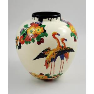 Royal Doulton Mandarin Ware Vase, “dancing Flamingo” By R. Allen, White Ground, Circa 1920