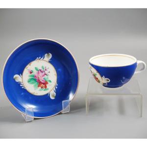 Gardner Porcelain Tea Cup And Saucer, Moscow, C.1880, Cobalt & Floral
