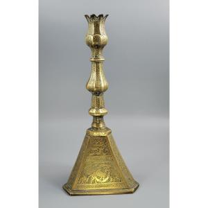 Large Qajar Persian Engraved Brass Candlestick, C.1880