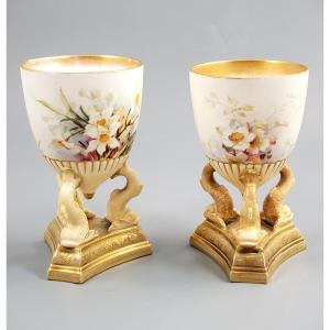 Doulton Burslem — Pair Of Hand-painted Beaker Vases On Three Dolphins, C.1891