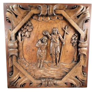 Monumental French Louis XIII Style Carved Walnut Panel Of The Baptism Of Christ, 17th Century