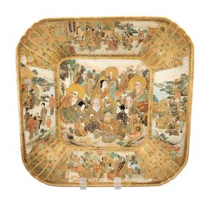 Japanese Kyoto Satsuma Square Dish With Rakan And Ladies, Meiji Period C.1890