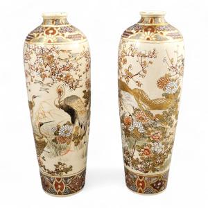 Pair Of Kyoto Satsuma Vases With Cranes & Plum Blossom, Meiji C.1890–1905