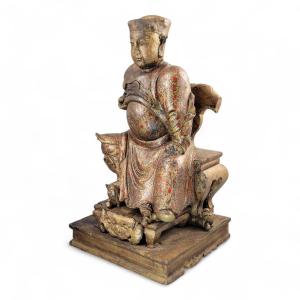 Early Chinese Gilt-wood Temple Figure Of A Seated Civil Official On Stepped Plinth, South China