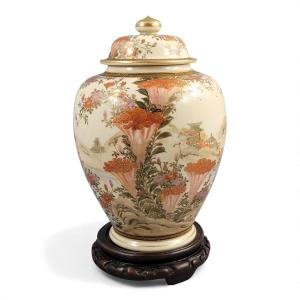 Grand Pot Couvercle en Satsuma de Kyoto, Paysage Signé Yamashu, vers 1890