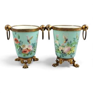 Paire de Cache-Pots Old Paris en Porcelaine Turquoise et Bronze Doré, c.1835–1850