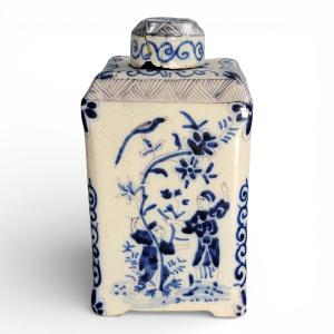 Théière/Boîte à thé Delft (Pays-Bas), faïence bleu & blanc, chinoiserie, XVIIIe