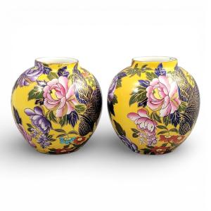 Pair Of Mason’s Patent Ironstone Posy Vases With Exotic Bird, Circa 1915