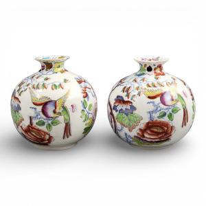 Pair Of Mason’s Ironstone Posy Vases In The Bird And Peony Pattern, Circa 1900