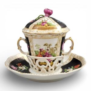 Helena Wolfsohn Dresden Chocolate Cup Trembleuse, Augustus Rex Revival, C. 1870