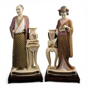 Paire de figures japonisantes Royal Worcester par James Hadley, vers 1870