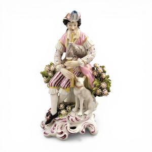 Derby Porcelain Seated Bagpiper Figure With Dog, Model 301, C. 1760