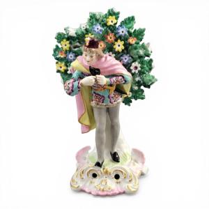 Figure en porcelaine Edmé Samson Paris, acteur avec masque, style Chelsea, vers 1860–1880