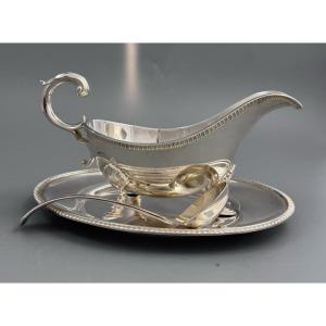 Service à sauce Mappin & Webb — Support en argent massif avec saucière et louche argentées