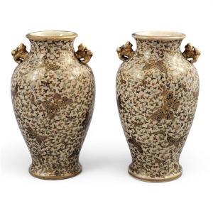 Pair Of Japanese Satsuma Thousand Butterflies Vases, Signed Kinzan, Late Meiji Period