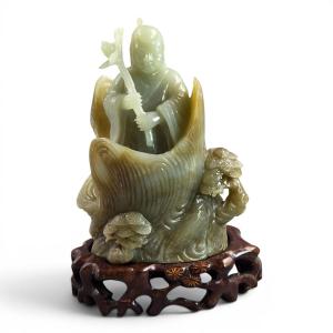 Large Chinese Carved Jadeite Figure With Lotus, Late Qing / Early Republic