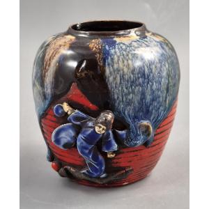 Japanese Sumida Gawa Jar Vase, Climbing Figure, Blue Flambé Glaze, Taishō–shōwa C.1920–30s