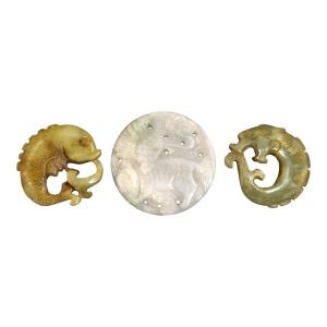 Chinese Fangu Stone Amulet Ensemble With Bi Disc, Qilin, Chilong Dragon & Carp