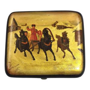Russian Papier-mâché Lacquer Cigarette Case Attributed To Vishnyakov, C.1850-1870
