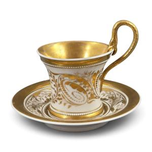 Antique Kpm Berlin Gilt Porcelain Cup And Saucer, C.1840